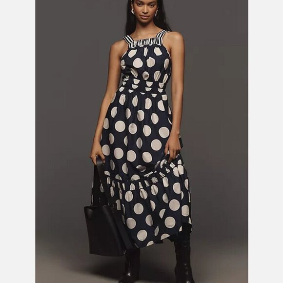 Anthropologie The Somerset Maxi Dress Poplin Halter Tiered Cotton Navy M  NWT Dot - www.internsetu.com